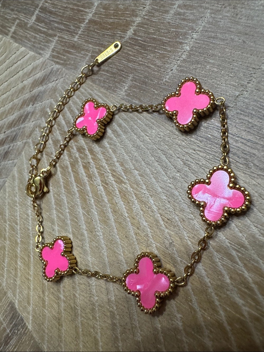Pink Clover Motif Gold Chain Bracelet - 100% waterproof! Gold PVD SS